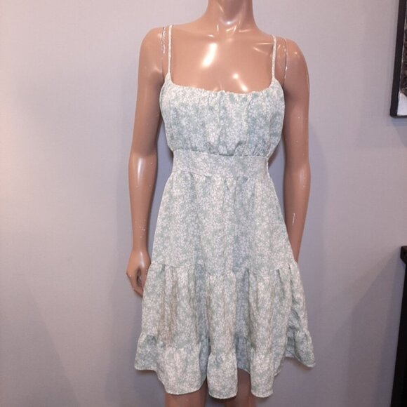 3/$20 SHEIN Floral Print Cami Dress Ruched Smocked Tiered Ruffle Babydoll Green - Picture 5 of 16